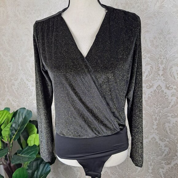 Zara Tops - Zara Accessories Size Small Black and Gold Sparkle Bodysuit Wrap Front EUC